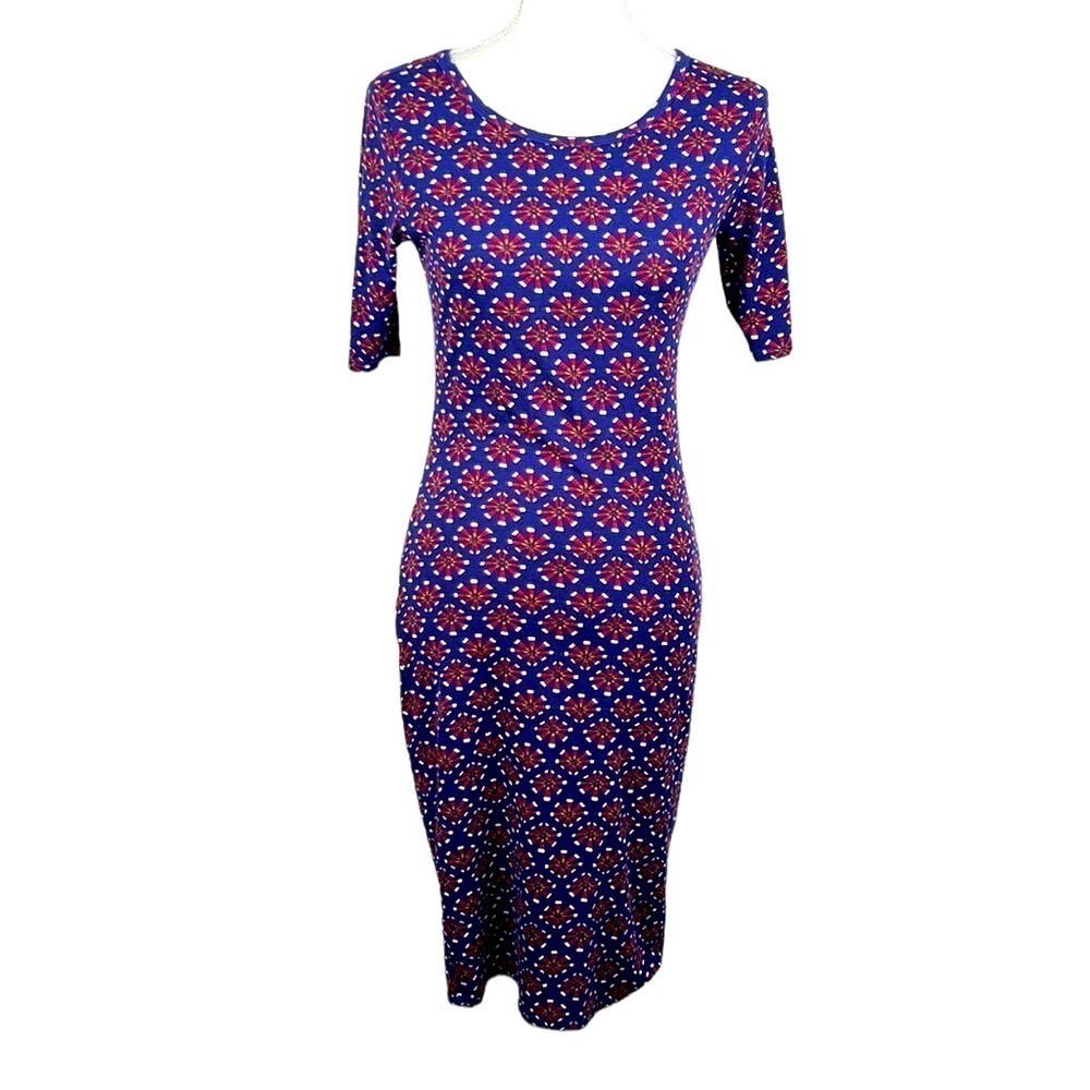 LulaRoe Blue & Red Windmill Print Short Sleeve Midi Dress Size XS